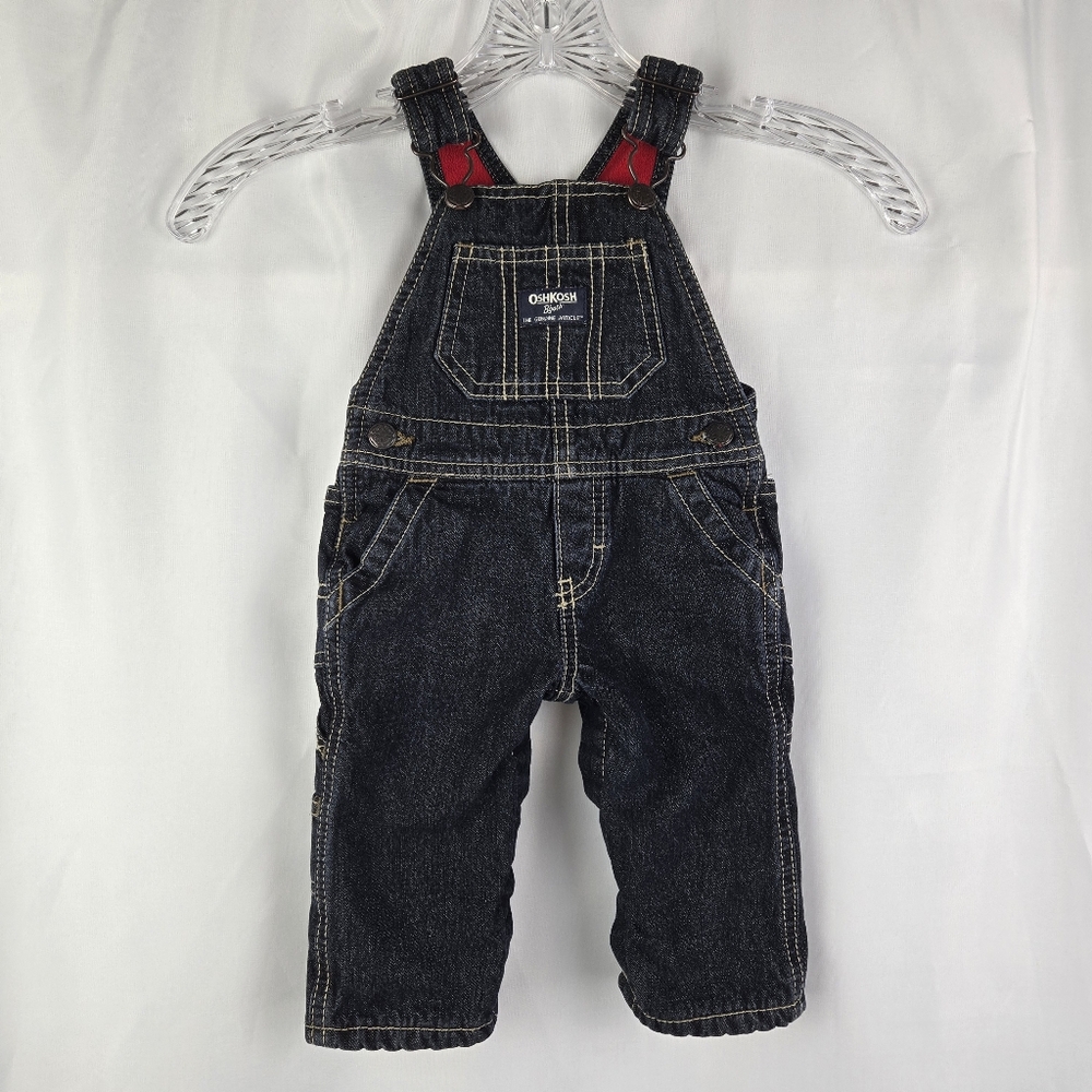 OshKosh B'gosh Fleece Lined Dark Wash Denim Jean Overalls Baby Boy Size 6 Months